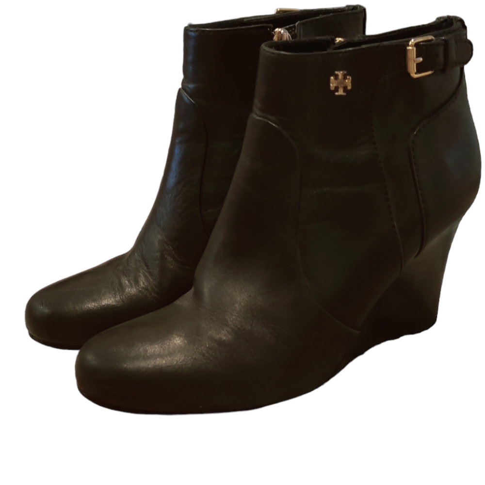 COPY - Tory Burch Black Leather Milan Wedge Bootie Belted Gold Logo Shoe 6.5 M